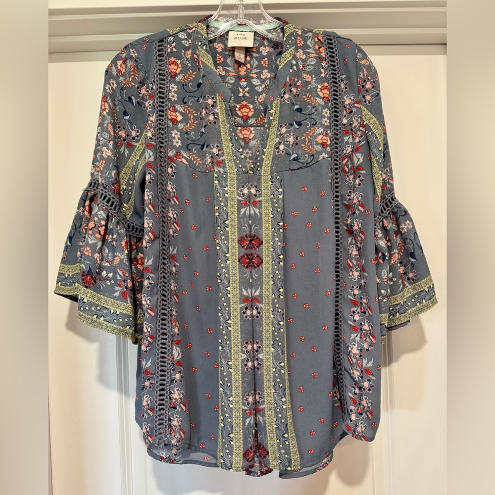 Knox Rose Women’s Boho Gray Multicolor Floral Peasant Top Size S - Picture 1 of 7